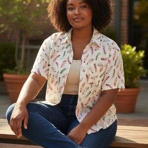 Torrid White Blouse with Colorful Feather Pattern